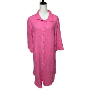 Spendid Dress S/M Midi Pink Linen Button Up Roll Tab Beachy Coastal NWT